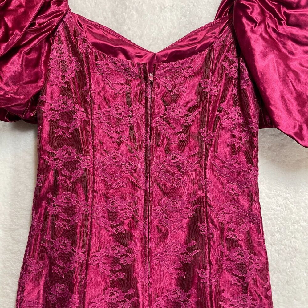 Vintage 80s Magenta Lace Satin Dress Puff Sleeve Prom Party Retro Size Small - Picture 8 of 15